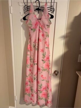 Peppermayo Pink Floral Maxi Dress with Green Leaf Accents